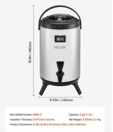 Insulated Beverage Dispenser 2 gal. /7.6 L Silver Stainless Steel Thermal Drink Server Suitable for Tea Water in Cafes