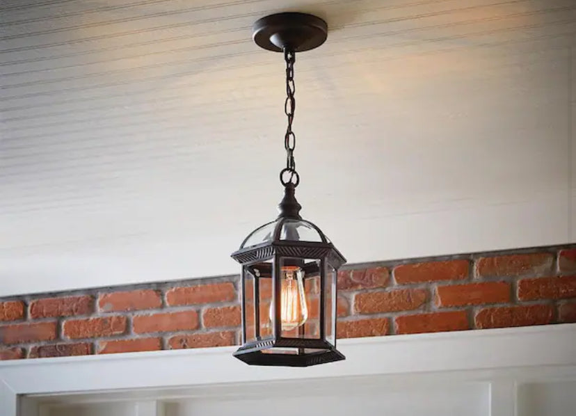 Wickford 1-Light Weathered Bronze Outdoor Pendant Light Fixture with Clear Beveled Glass