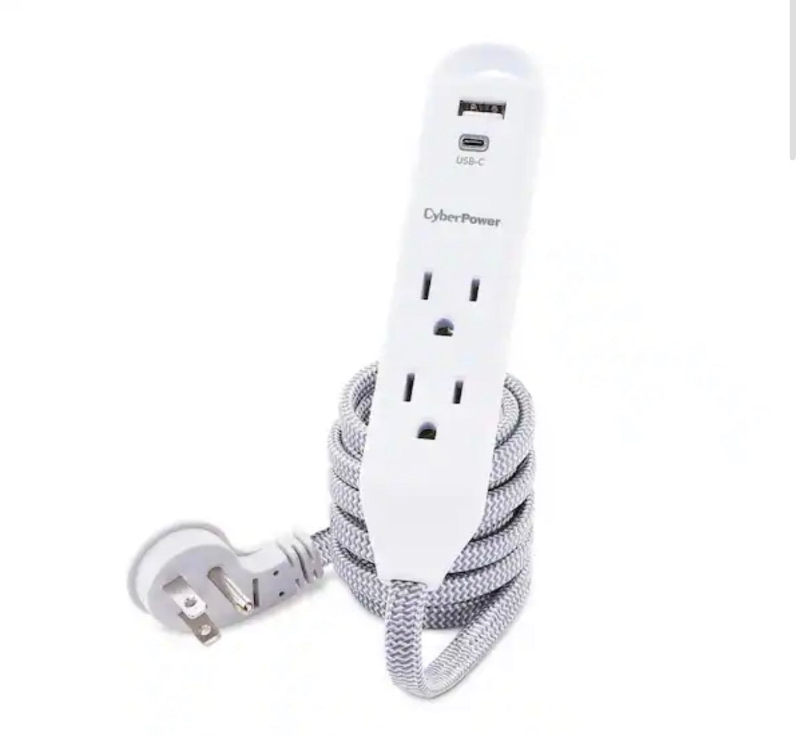 6 ft. 2-Outlet Surge Protector, USB-A 2.4 Amp, USB-C 15-Watt, 400 Joules Braid Cord