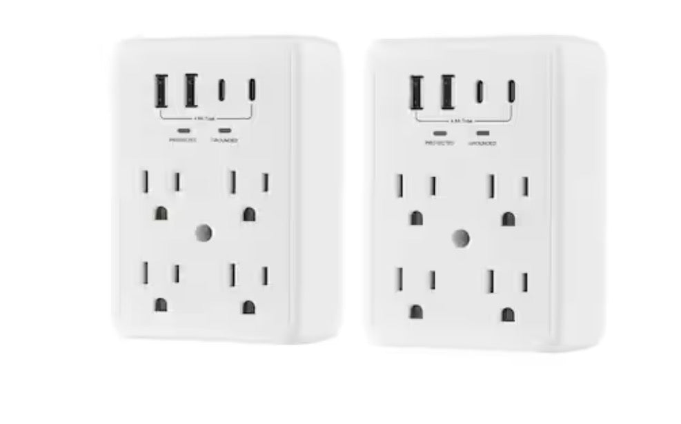 6-Outlet Wall Mounted Surge Protector with 2-USB-A and 2-USB-C, White (2-Pack)
