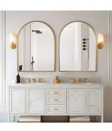 30 in. W x 40 in. H Arched Mirror for Bathroom Entryway Wall Decor Metal Frame Wall Mounted Mirror in Gold 2-Pieces