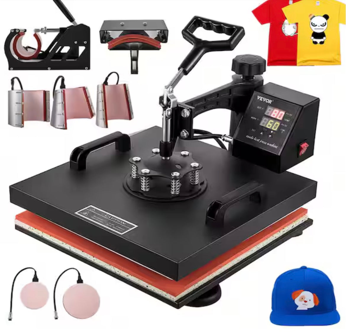 15 in. L x 15 in. W Heat Press Machine 8 in 1 Dual LED Display 360Ã‚Â° Rotation Swing Away T-Shirt Press Machine, Black