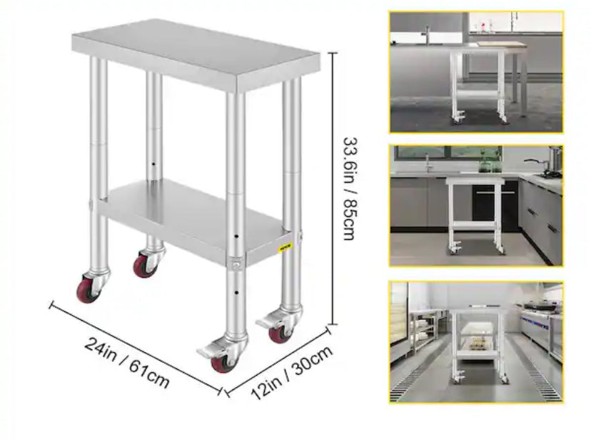 Stainless Steel Kitchen Prep Table with Wheels 24 in. x 12 in. x 32 in. Prep Table with 4 Casters Heavy-Duty Work Table