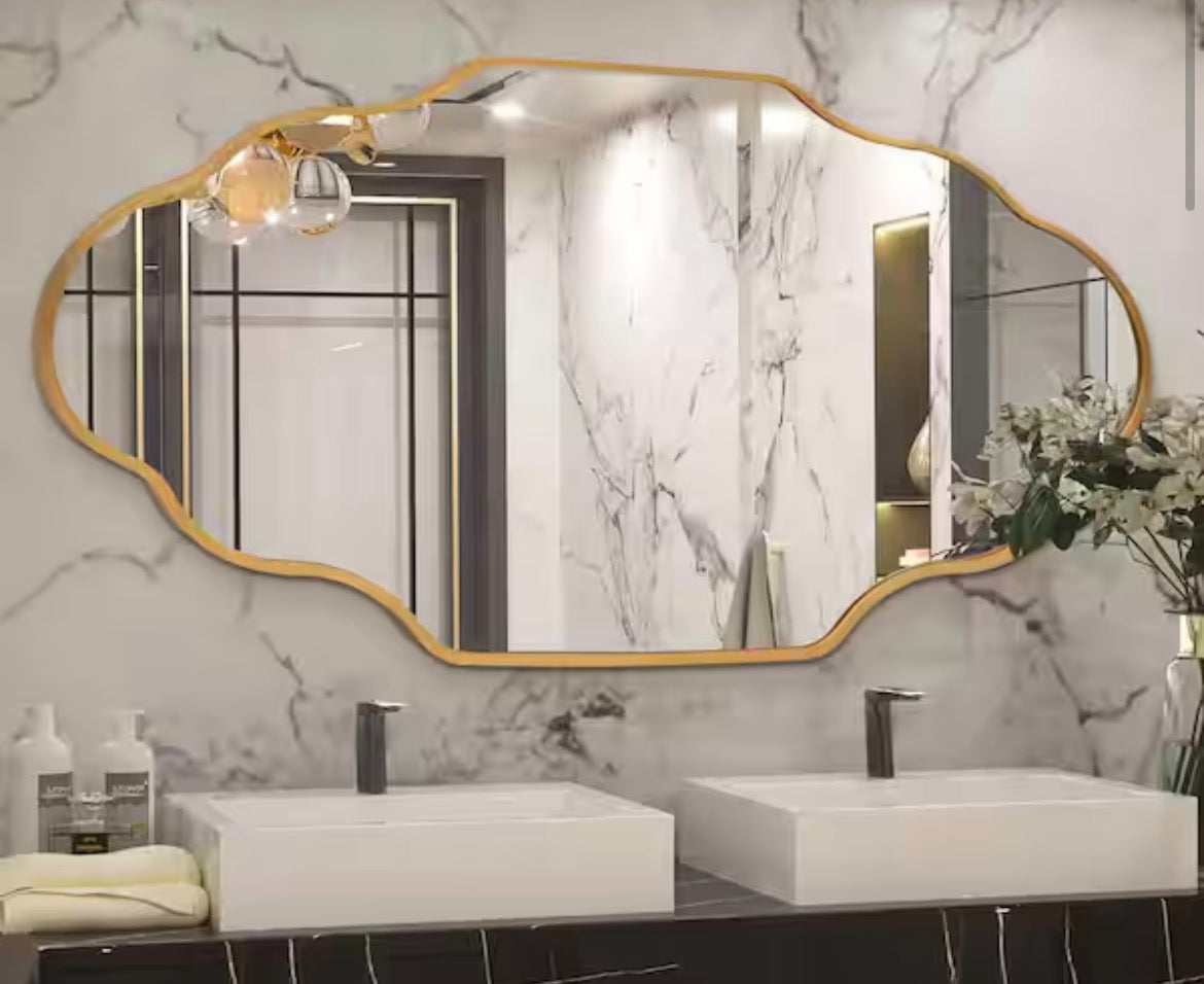 24 in. W x 36 in. H Scalloped Gold Aluminum Alloy Framed Wall Mirror Irregular Decor Mirror for Living Room, Bathroom