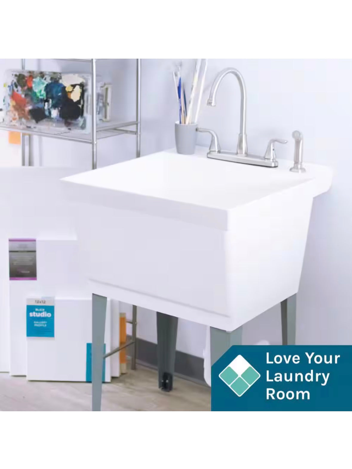 Complete 22.875 in. x 23.5 in. White Utility Sink Set with Metal Hybrid Stainless Steel High Rise Faucet & Side Sprayer