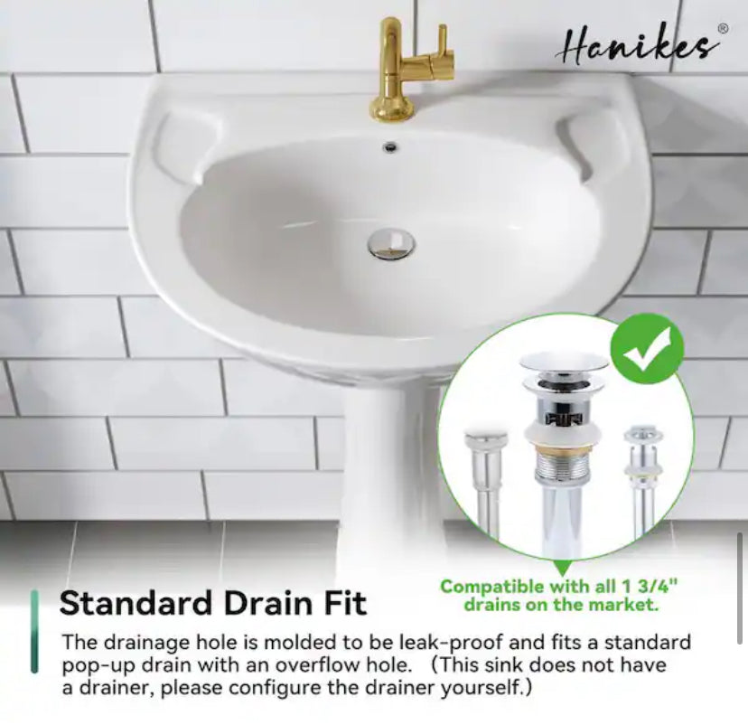 Classic 20 in. Tall U-Shape White Vitreous China Pedestal Bathroom Sink With Overflow