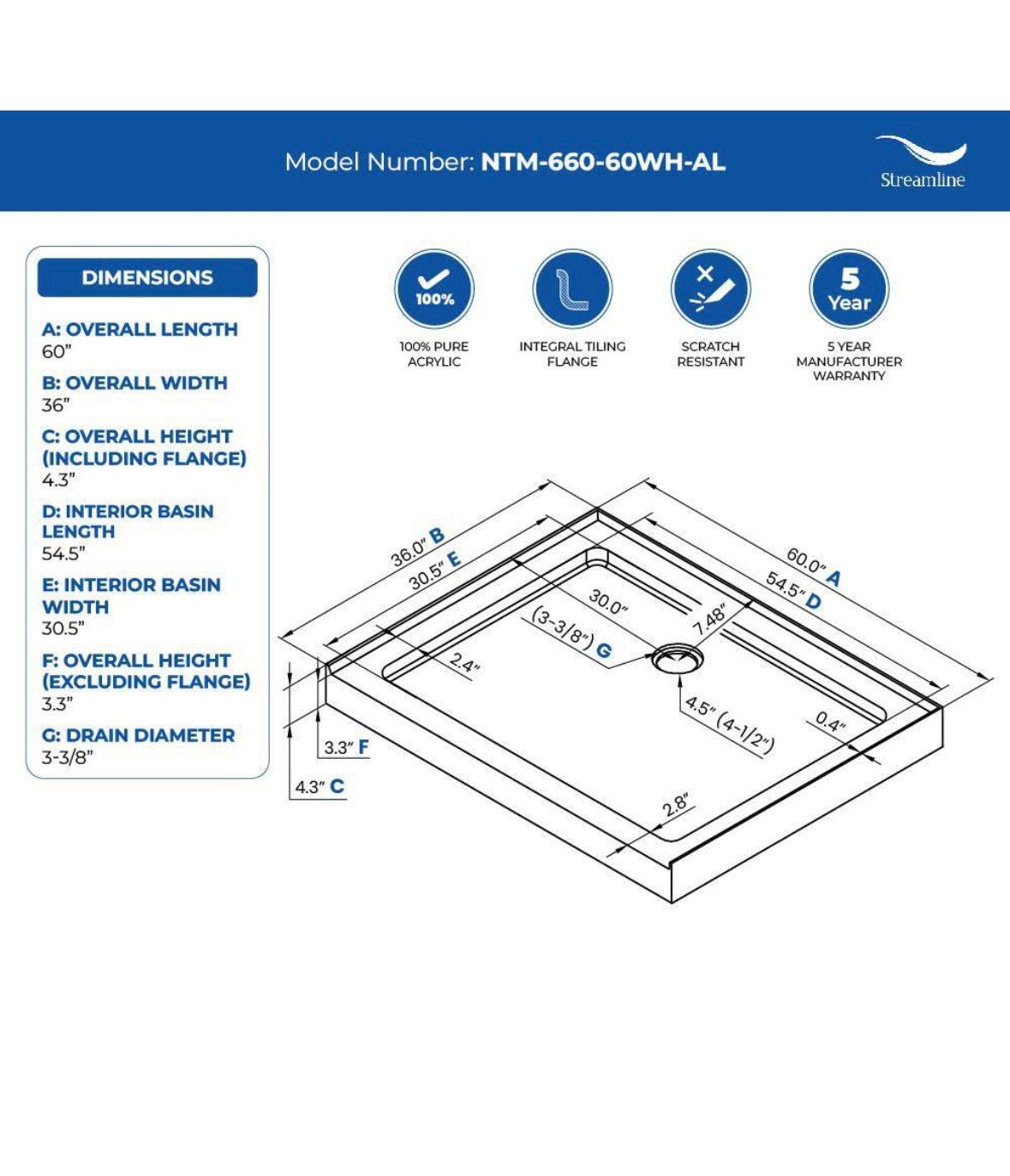 60 in. x 36 in. Alcove Acrylic Shower Pan Base in Matte White with Center Drain, Drain Included