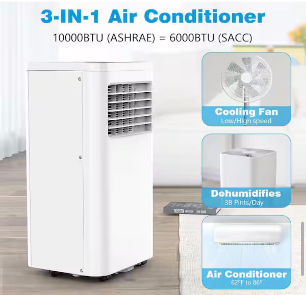 10,000 BTU (6,000 BTU DOE) 115-Volt Quiet 56dB Portable Air Conditioner w/Dehumidifier, Remote up to 450 sq. ft. White