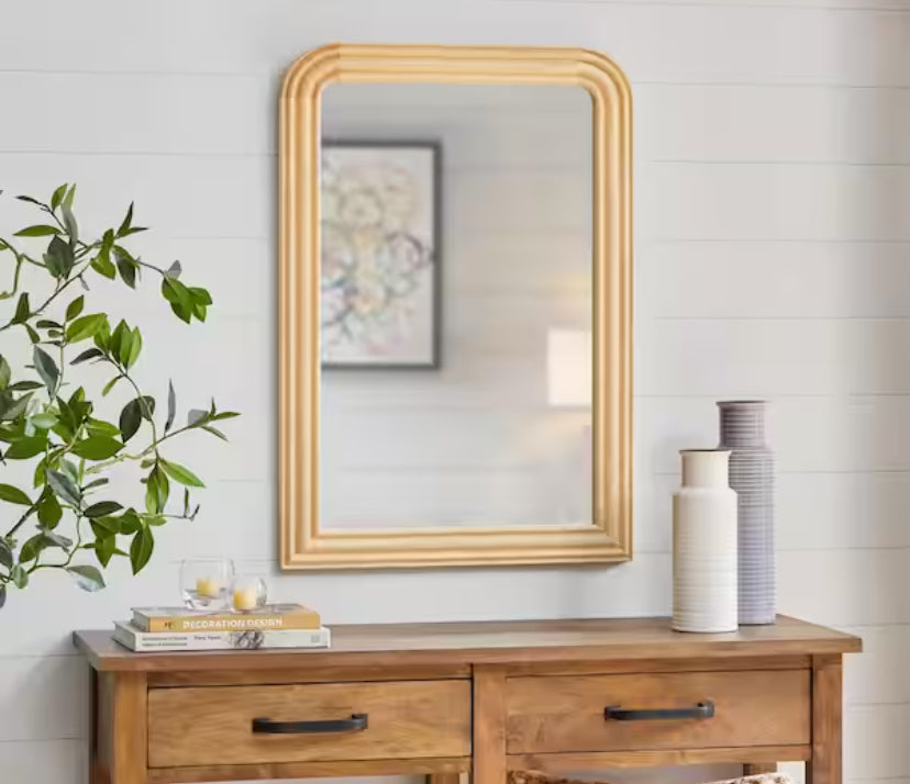 Medium Arched Natural Wood Framed Mirror (36 in. W x 24 in. H)