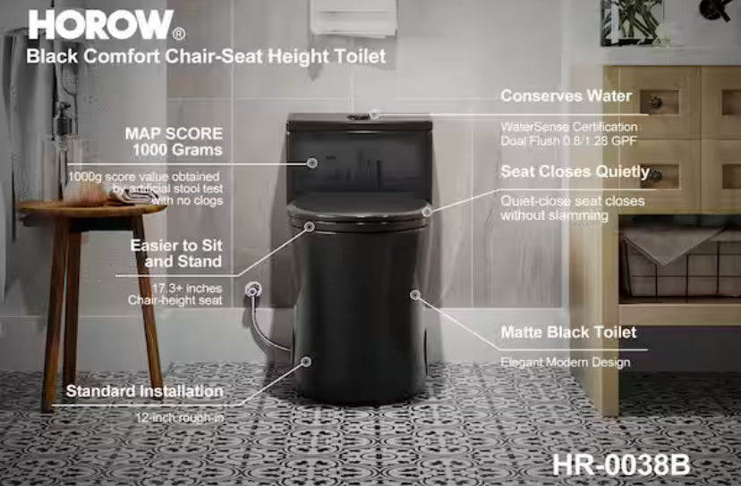 1-Piece 0.8/1.28 GPF Dual Flush Elongated Toilet in Black Seat Included