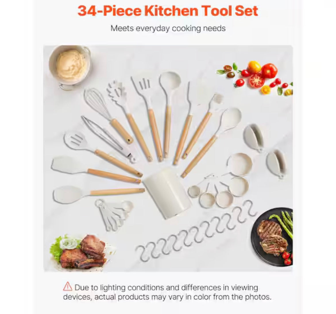 Kitchen Cooking Utensils Set, 33 Pieces Silicone Spatula Set with Holder, 428Â°F Heat Resistant, Wooden Handle, White