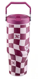 Flip & Sip 30 oz. Pink Wavy Check Stainless Steel Screw Top Tumbler with Flip Straw and Carry Handle