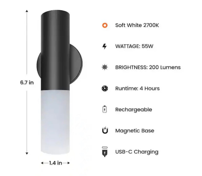 1-Light Matte Black Rechargeable Battery-Powered Portable Integrated LED Wall Sconce Set (2 Pack)