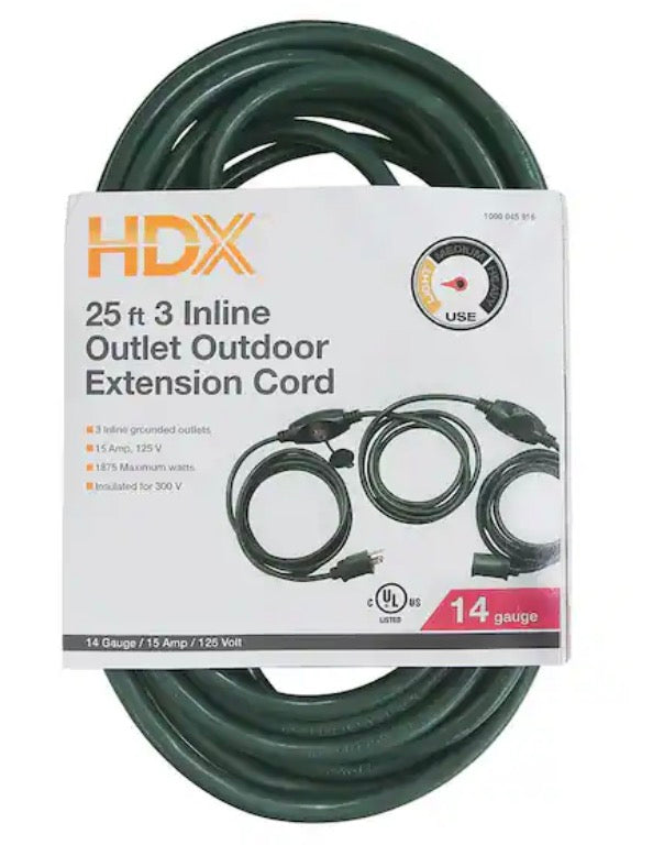25 ft. 14/3 3 Outlet Extension Cord, Green