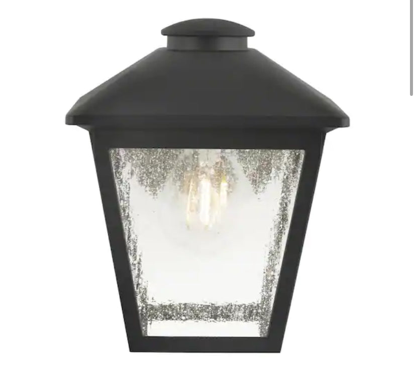 Malena 1-Light Black Hardwired Outdoor Wall Lantern Sconce Light with Clear Seeded Glass