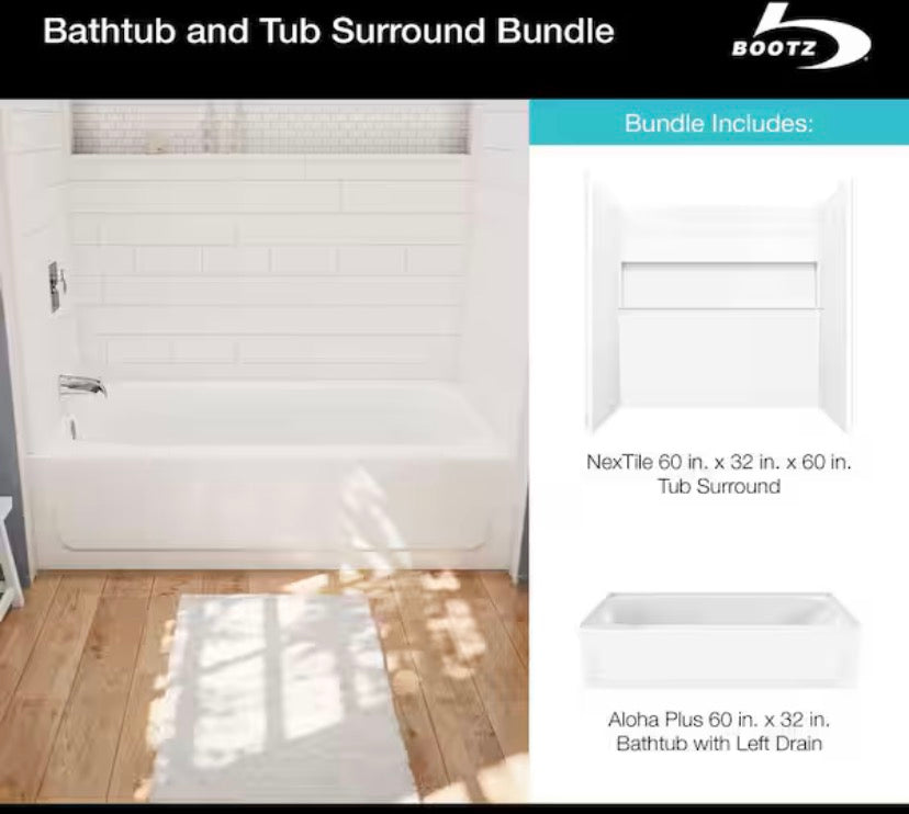 NexTile 32 in. W 60 in. H Composite Direct-to-Stud Four-Piece Alcove Tub Wall Kit in White