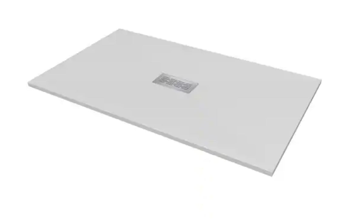 60 in. L x 36 in. W x 1.125 in. H Solid Composite Stone Shower Pan Base with Center Drain in White Sand