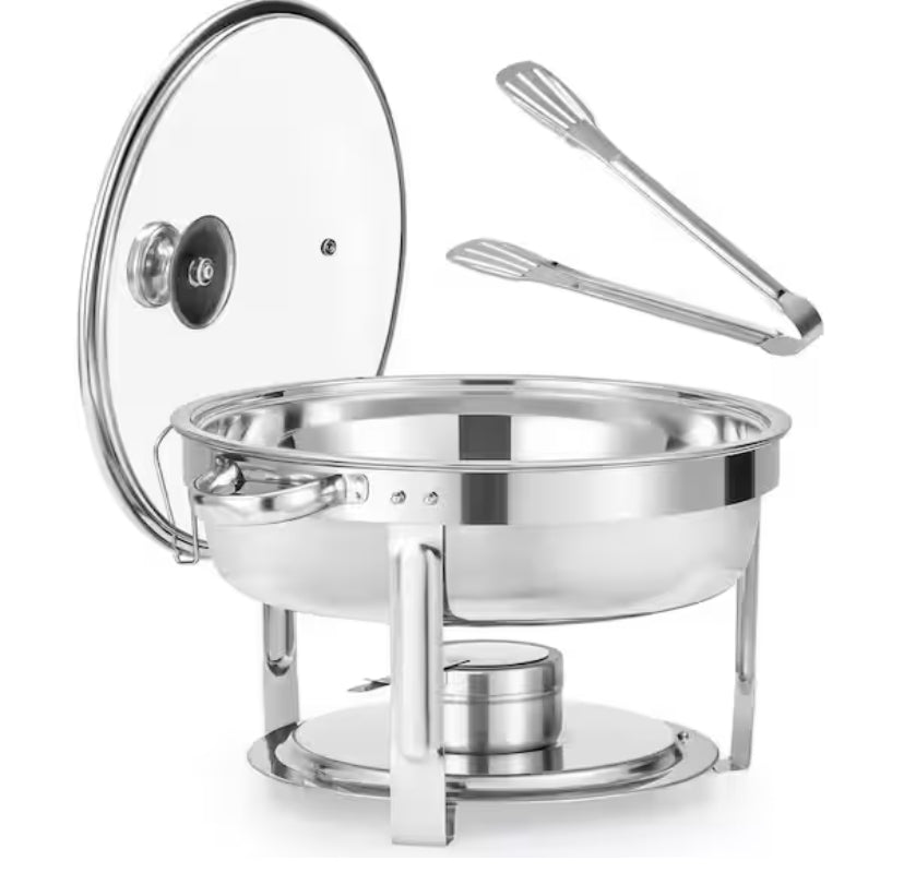 6 qt. Stainless Steel Round Chafing Dish Buffet Set for Catering with Glass Lid Holder