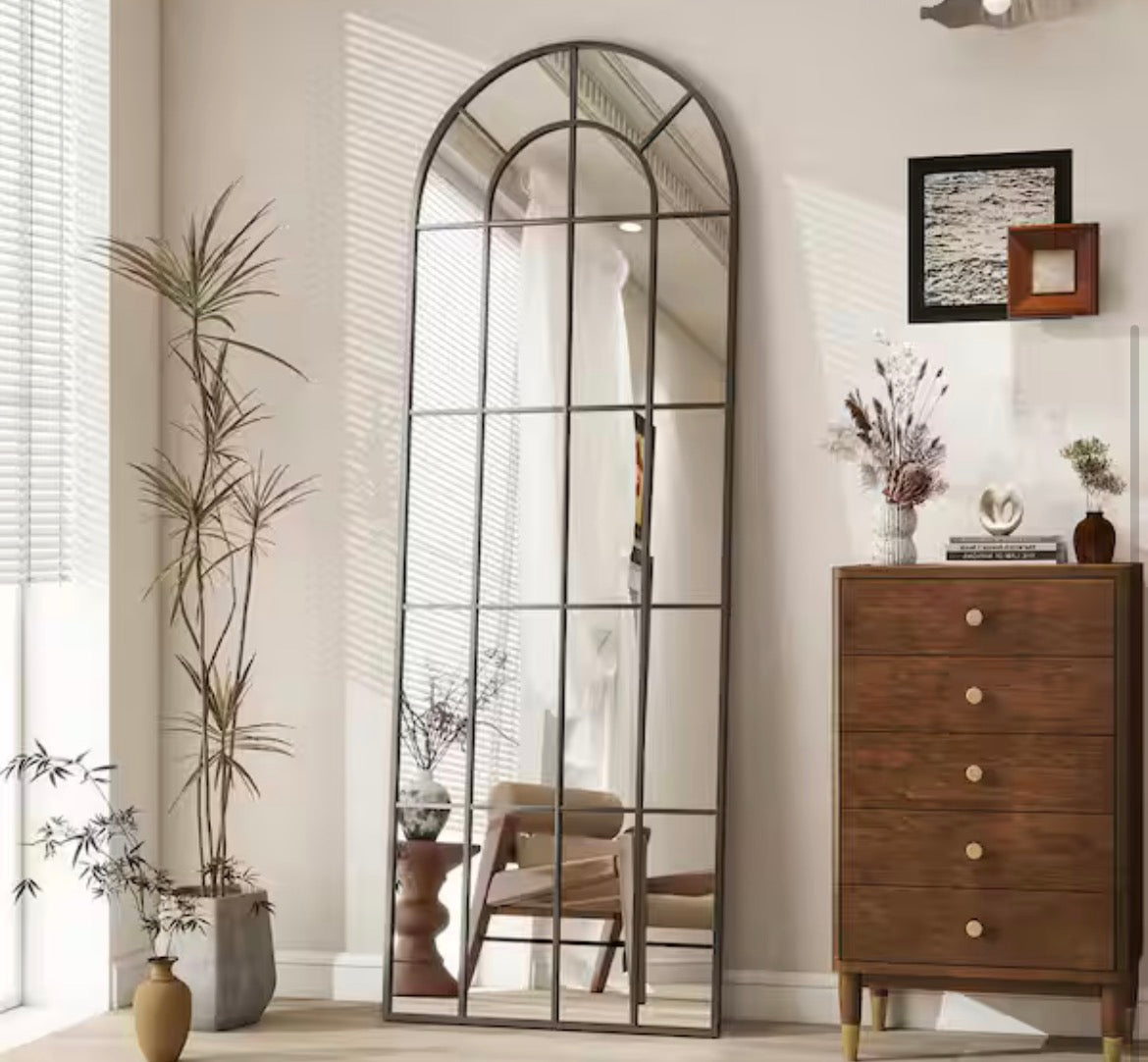24 in. W x 65 in. H Modern Arched Metal Framed with Grids Black Full Length Wall Mirror