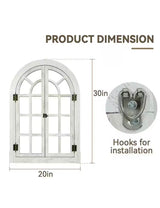 24 in. W x 36 in. H Farmhouse Arched White Washed Wood Framed Windowpane Wall Mirror