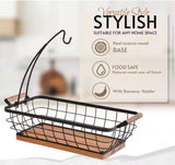14 in. Metal Rectangular Fruit Basket with Banana Hanger and Wooden Base for Kitchen Counter, Black