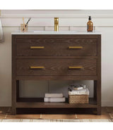 Magen 37 in. Single Sink Bath Vanity in Walnut with White Engineered Solid Surface Top and 2 Drawers (Unassembled)