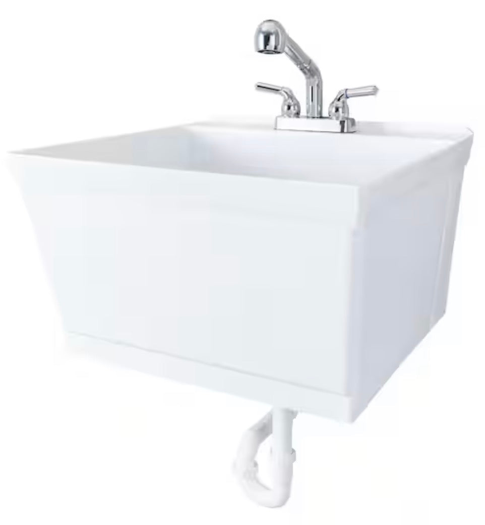 23.5 in. x 22.88 in. White Thermoplastic Wall Mounted Utility Sink with Chrome Finish Pull-out Sprayer Faucet