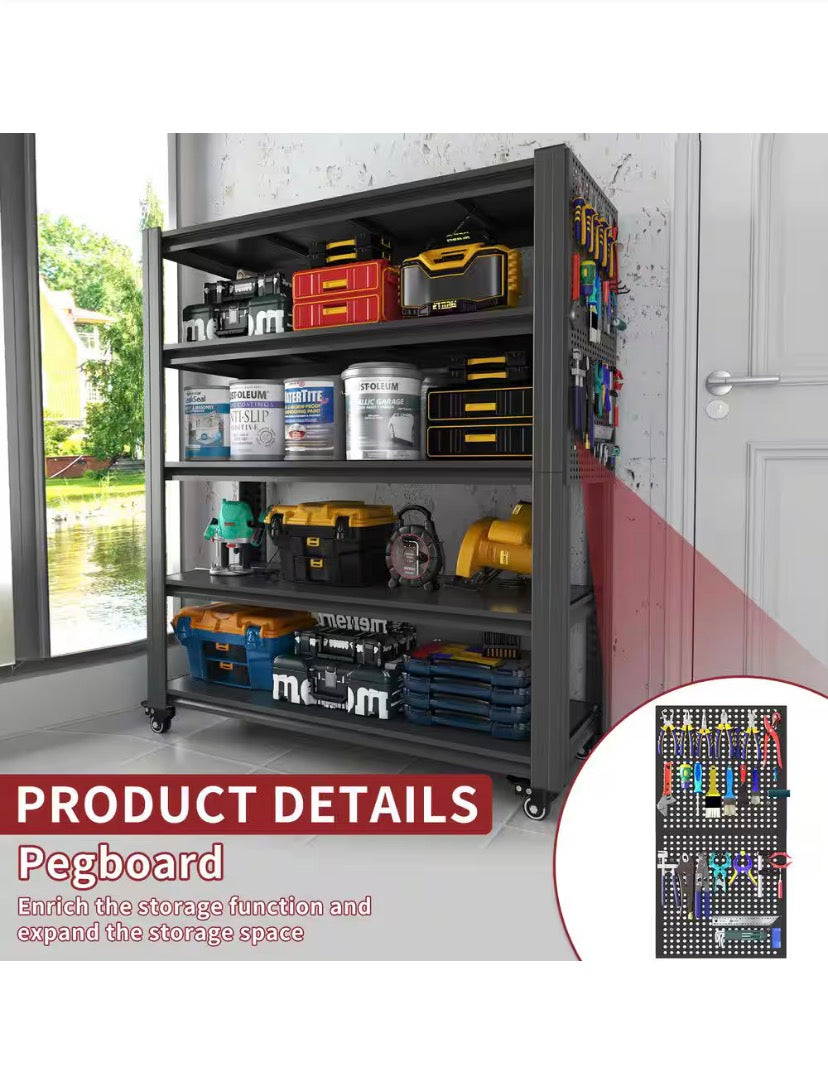 5-Tier Black Metal Heavy Duty Storage Rack with Pegboard and Wheels 2000lbs. Total Capacity (47 in.Wx 23.6 in.Dx72 in.H)