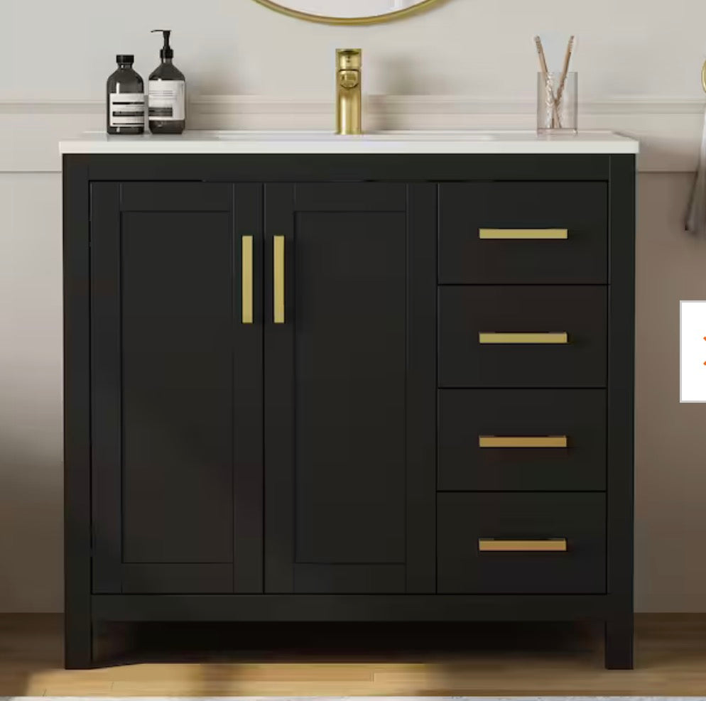 Raven 37 in. Single Sink Black Bath Vanity with White Engineered Solid Surface Top and 4 Drawers (Unassembled)