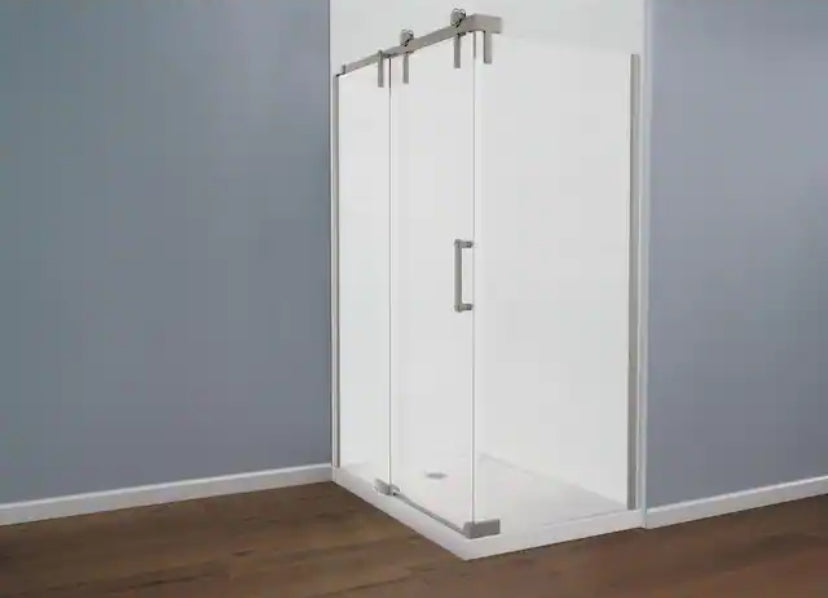 Industrial 34 in. W x 74.38 in. H Fixed Frameless Shower Door Glass Panel in Clear Glass