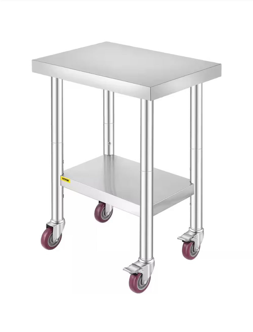 Kitchen Prep Table 24 x 18.1 x 33.9 in. Stainless Steel Rolling Table with Wheels and Brake Kitchen Utility Table,Silver