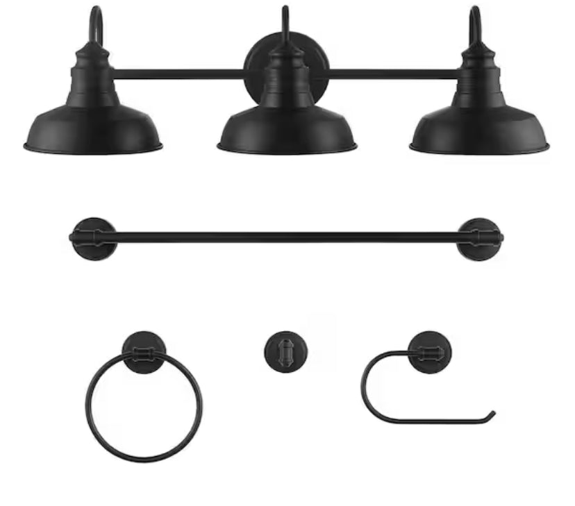 Elmcroft 29 in. 3-Light Matte Black Farmhouse Vanity with 4-Piece Bathroom Hardware Accessory Kit