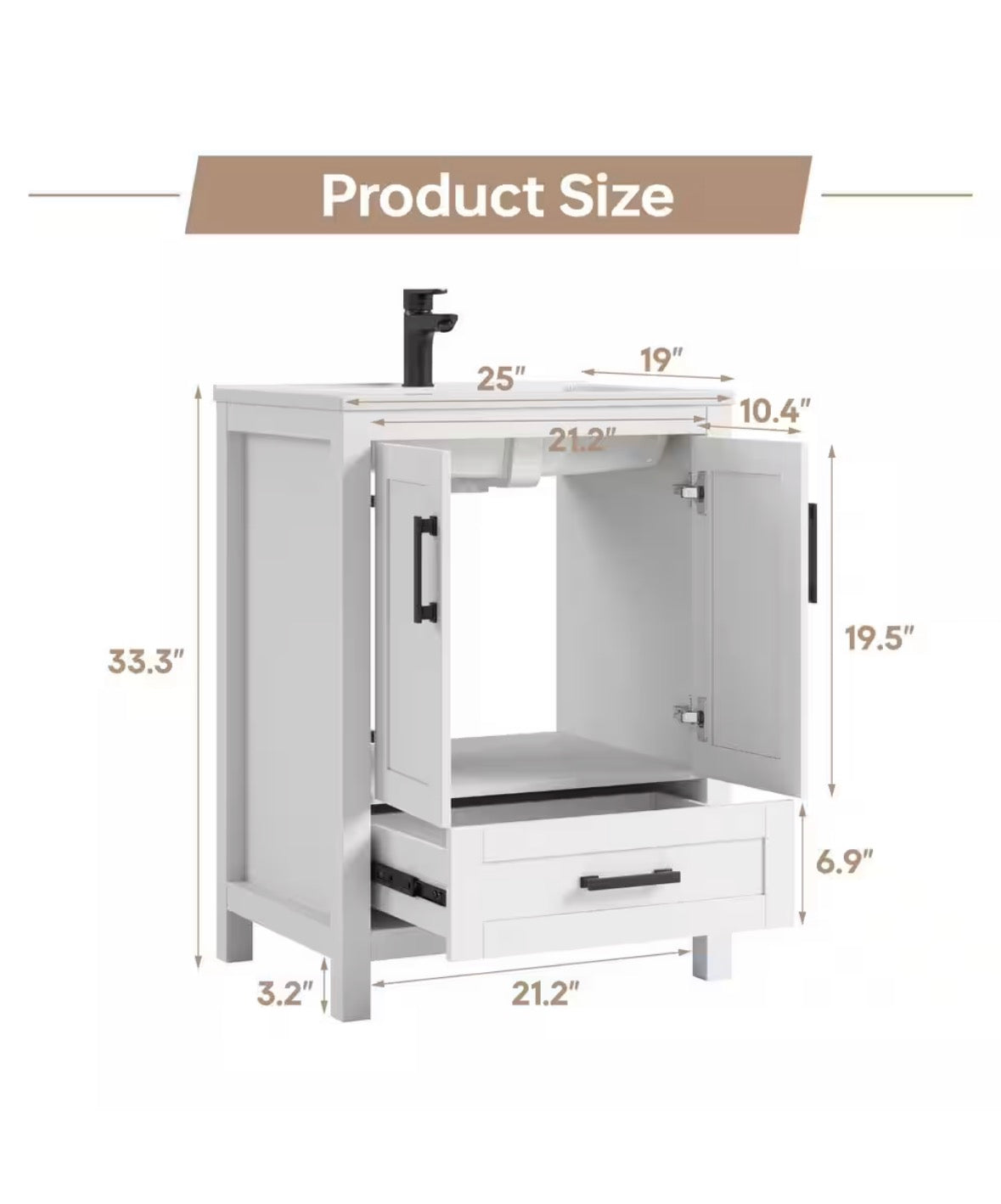 Vivi 25 in.W Single Sink White Freestanding Bath Vanity with White Engineered Solid Surface Top Unassembled