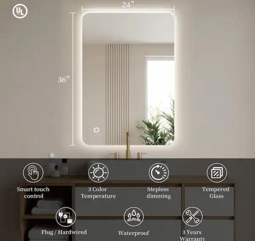 24 in. W x 36 in. H Rectangular Frameless LED Backlit Light with 3-Color Bathroom Vanity Wall Mirror