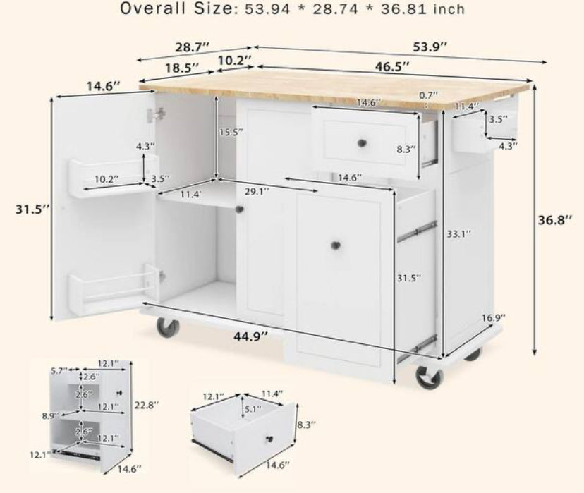 White Wood 54 in. Kitchen Island Cart on Wheels with Drop Leaf Pull Out Cabinet Organizer with Spice Rack, Towel Rack