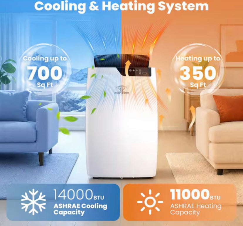 14,000 BTU 4-in-1 Portable Air Conditioner Cools 700 sq. ft., Heater, Dehumidifier, Fan and Auto Modes Remote in White