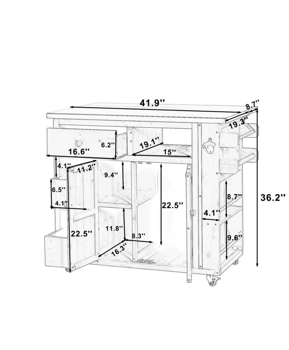 Gray Stainless Steel Top Kitchen Cart with Side Spice Rack, Drawers, Storage Cabinet