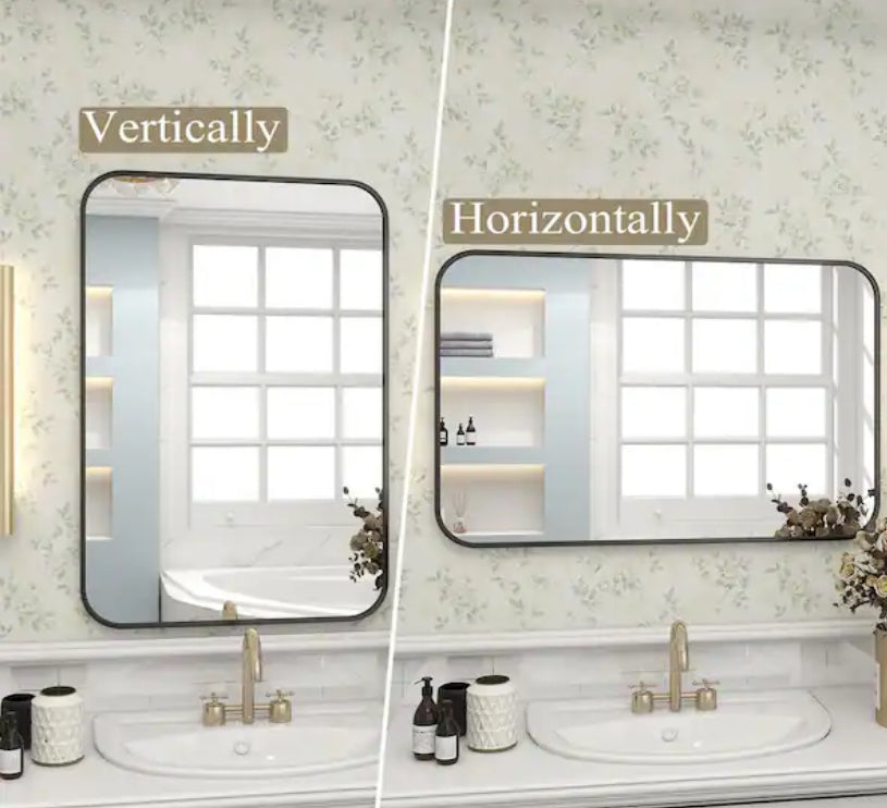 24 in. W x 36 in. H Rectangular Aluminum Alloy Framed Rounded Black Wall Mirror