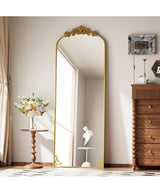 21 in. W x 64 in. H Arched Gold Metal Framed with Carved Decoration Full Length Mirror