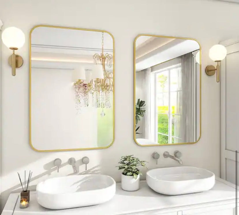 26 in. W x 37.8 in. H Rectangular Aluminum Alloy Framed Rounded Modern Gold Wall Mirror