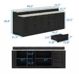 Black Wood Marble Woodgrain Finish 94.5 in. W Kitchen Island Dining Bar Table with Door Cabinet, 4 Drawers,Track Outlets