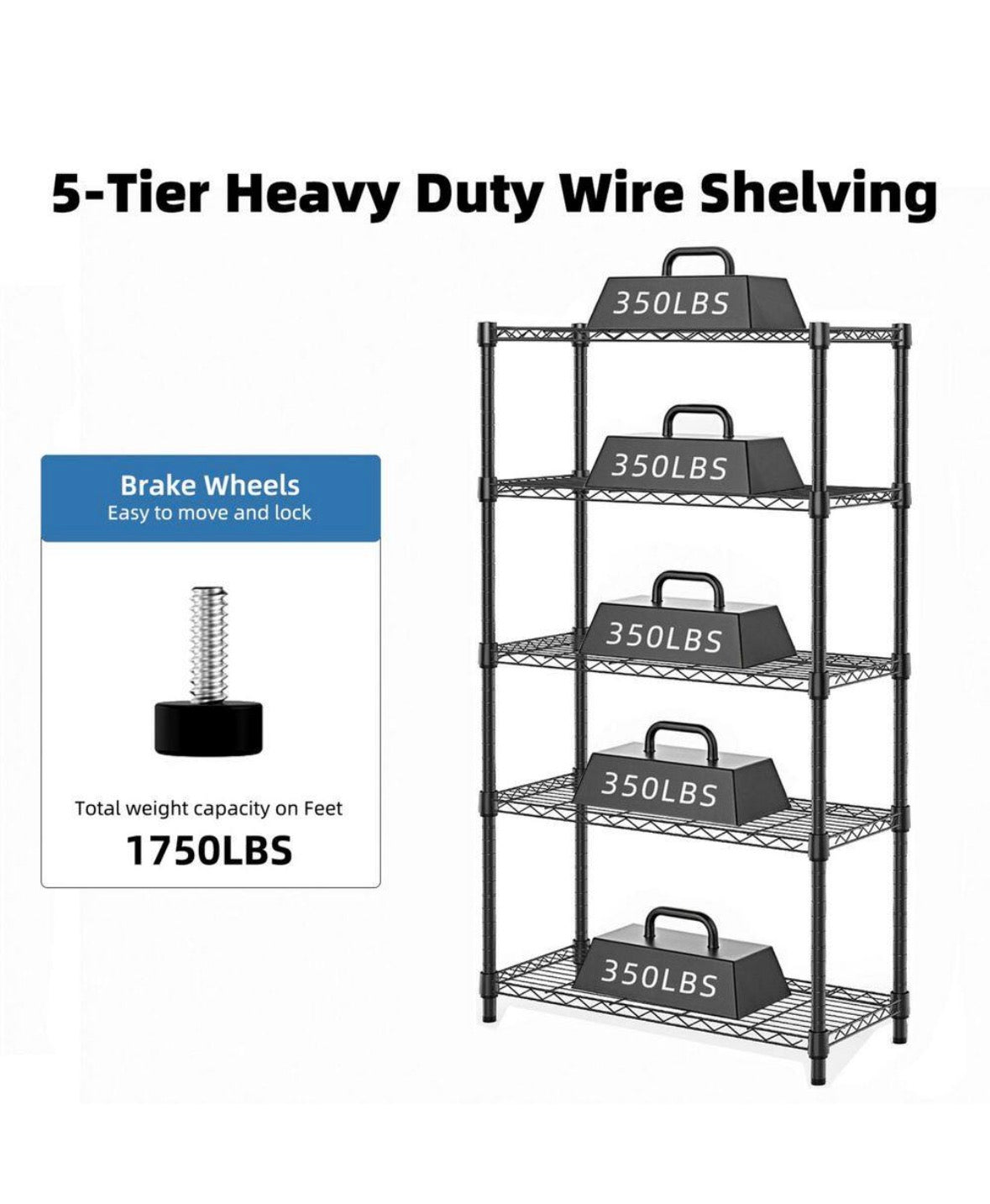 Heavy Duty 5-Tier Utility Shelving Unit, 1750 lbs. Steel Organizer Wire Rack for Kitchen, Office, Garage in Black