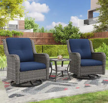 Load image into Gallery viewer, 3-Piece Wicker Swivel Outdoor Rocking Chairs Patio Conversation Set with Blue Cushions
