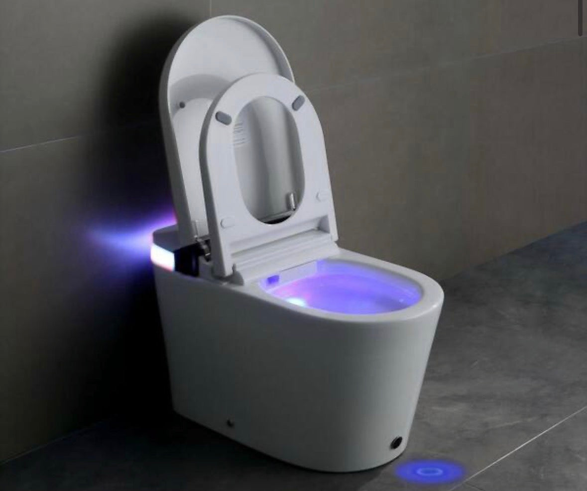 Smart Round Bidet Toilet with Heated Seat Auto Flush Foot Sensor Operation in White, LED Display, Night Light