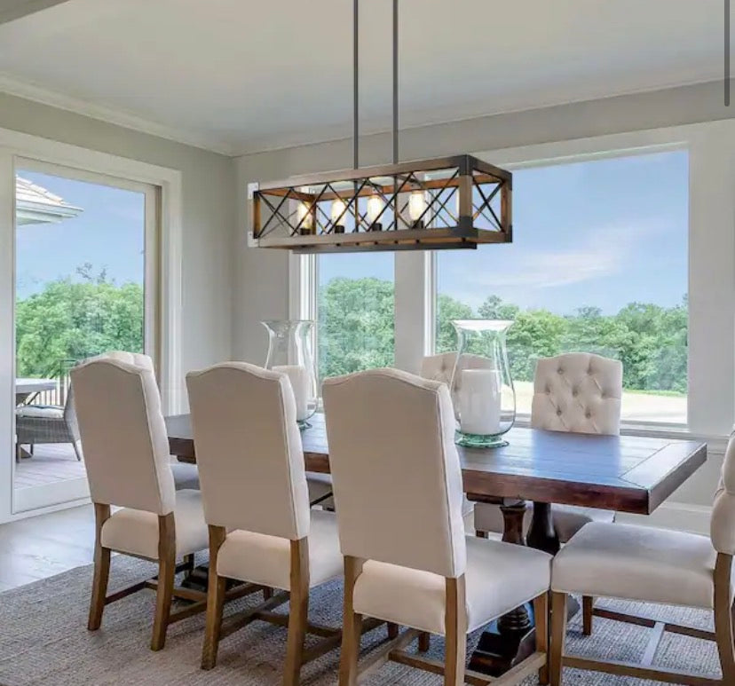 Wood Kitchen Chandelier 5-Light Linear Farmhouse Black Island Dining Room Chandelier Pendant with Rustic Rectangle Frame