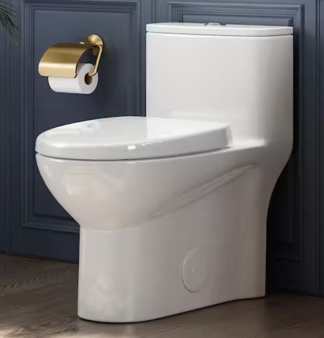 1-Piece 1.1/1.6 GPF Dual Flush Compact Elongated WaterSense Toilet in White Soft Close Seat Included