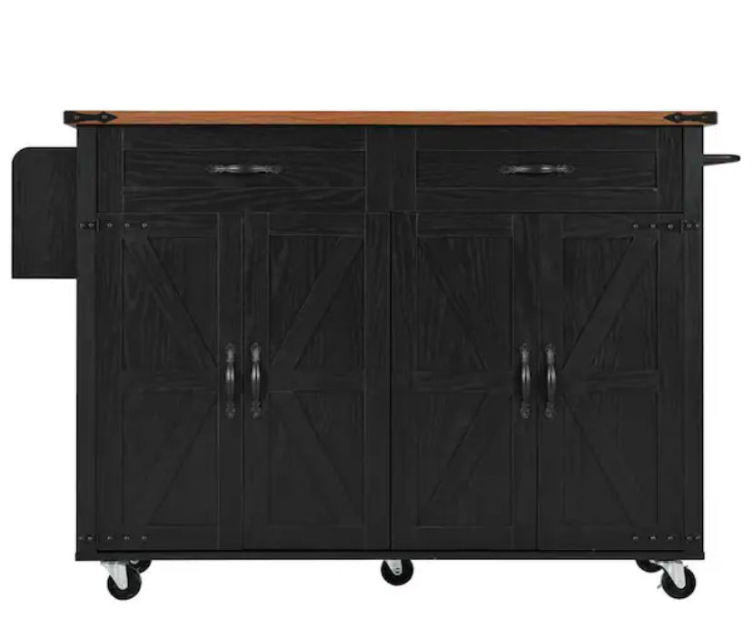 Black Kitchen Cart with Drop-Leaf, Built-in USB Ports and Outlets, 5 Wheels, Spice Rack, 2-Drawers