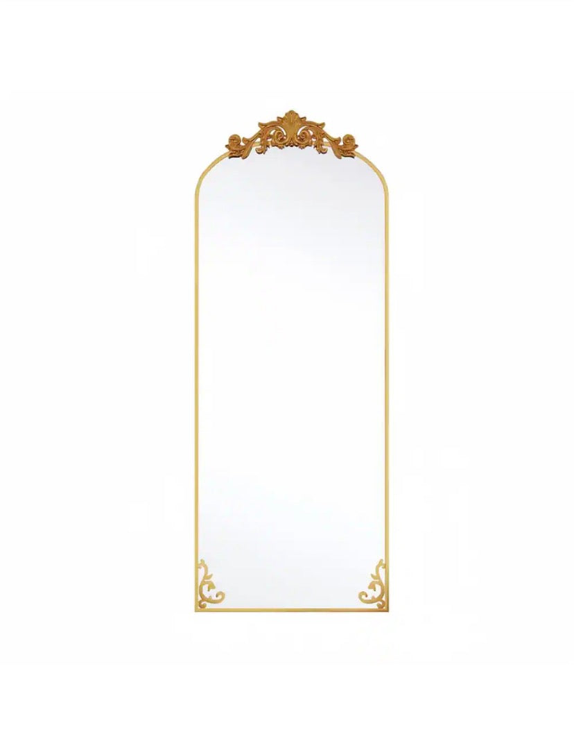 21 in. W x 64 in. H Arched Gold Metal Framed with Carved Decoration Full Length Mirror