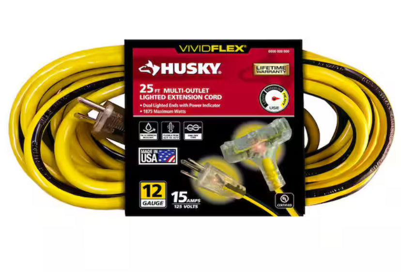 VividFlex 25 ft. 12/3 Heavy Duty Indoor/Outdoor Triple Tap Extension Cord with Lighted Ends, Yellow