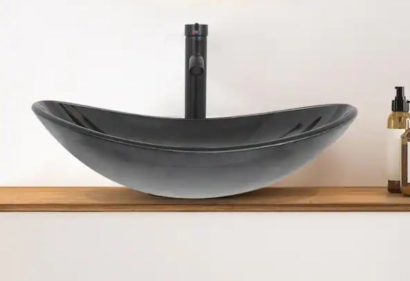 Glass Oval Vessel Sink in Black Grey